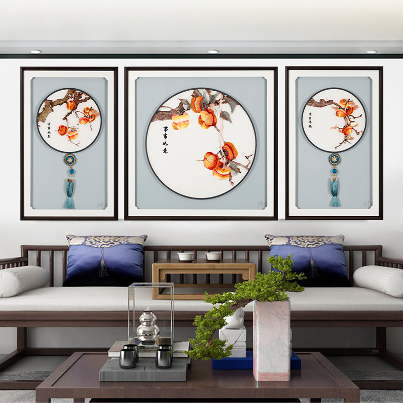 新中式客厅沙发背景墙装饰画简约现代高档大气刺绣挂画苏绣三联画图片