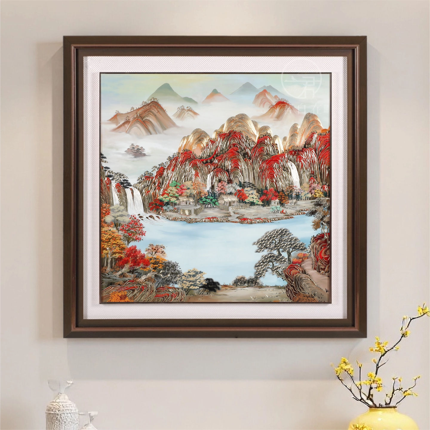 流水生财山水手工铜雕玄关挂画