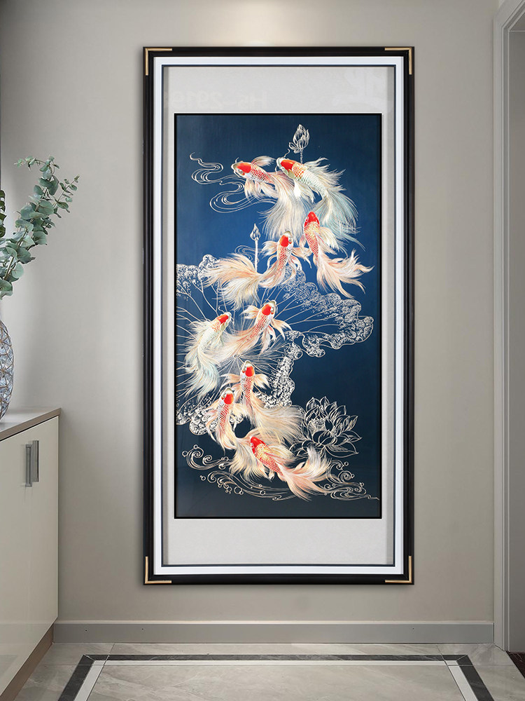 荷花九鱼聚福手工铜板装饰画高档入户玄关墙壁挂画新中式铜雕画