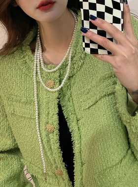 女新款珍珠多层毛衣链爱心项链