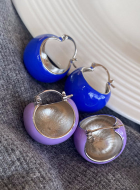 春夏欧美新款时髦紫色蓝色珐琅空心立体圆球耳扣黄铜镀金耳环耳饰