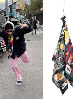 高质量2025新款gd权志龙同款涂鸦风方巾pmo字母印花嘻哈丝巾头巾