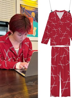 25年新款gd权志龙同款衬衣睡衣套装红色pmo字母宽松长袖家居服男