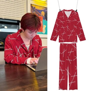 红色pmo字母宽松长袖 衬衣睡衣套装 家居服男 gd权志龙同款 25年新款