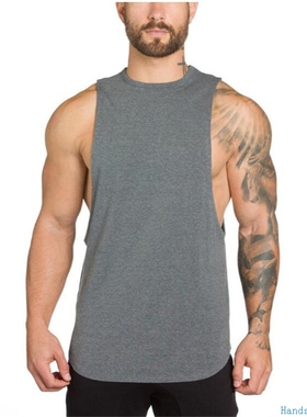 Men vest Fitness Man gym tanktop男低叉背心健身无袖纯棉Shirts