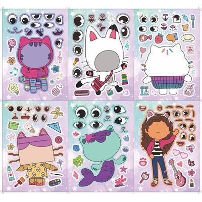 6/12Sheets Gabby's Dollhouse Make A Face Puzzle Stickers