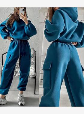 欧美休闲运动卫衣长裤套装女 Fleece Hoodie Pullover Pants Set
