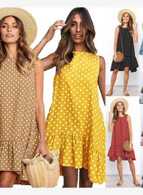 速卖通2020亚马逊爆款圆领无袖波点宽松大摆荷叶边连衣裙
