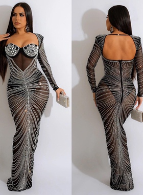 Mesh Sheer Maxi Dress Gown Women Spagetti Straps Party Dress
