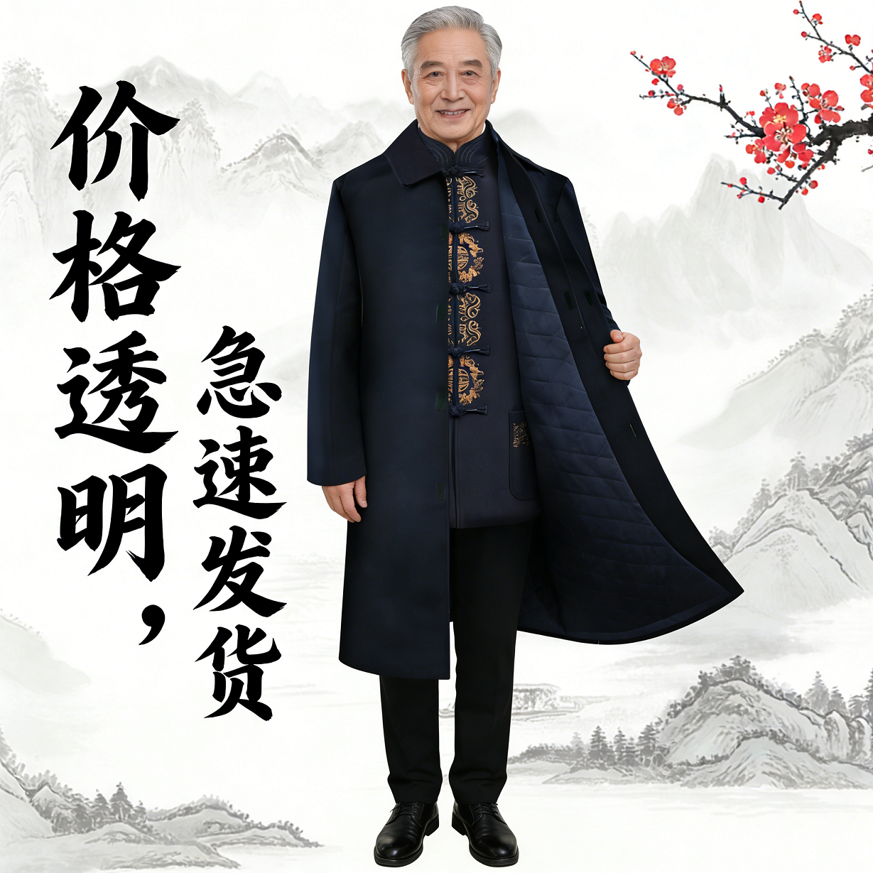 寿衣男全套七件套老人寿终衣服中山装长款大衣大袍寿星纯棉寿老衣