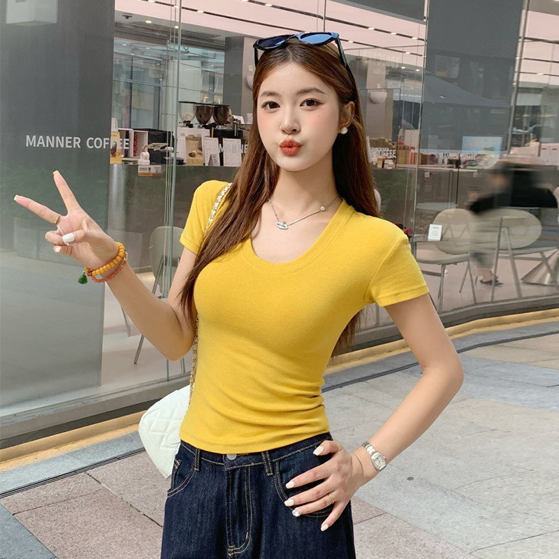 黄色U领修身正肩短袖T恤女2026新款春夏新款多巴胺气质爆款上衣