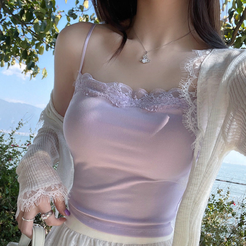 紫色蕾丝花边带胸垫吊带女内搭2026夏新款绝美背心打底上衣
