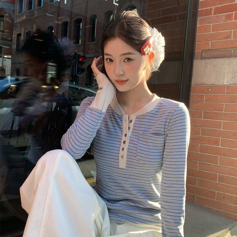 蓝色条纹长袖T恤女内搭新款穿搭打底衫修身独特上衣