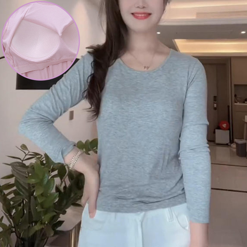 莫代尔带胸垫打底衫女秋衣一体式长袖T恤上衣免穿文胸春秋季女装