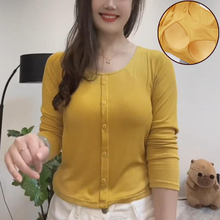 薄款女带胸垫长袖T恤女士打底衫春秋圆领内搭秋衣上衣螺纹莫代尔