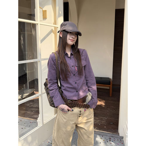 Don Cry 美式复古格子正肩长袖短款衬衫女装早春新款修身显瘦上衣