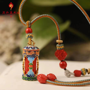 天然原矿朱砂吊坠s925银镶嵌七彩心经珐琅彩藏经筒吊坠旺运饰品女