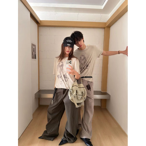 美式手绘影马印花短袖T恤男夏季b