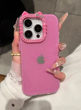 三合一闪粉猫耳朵点钻镜头带logo适用苹果17promax手机壳iPhone16新款15promax高级感14女款13/12防摔保护套