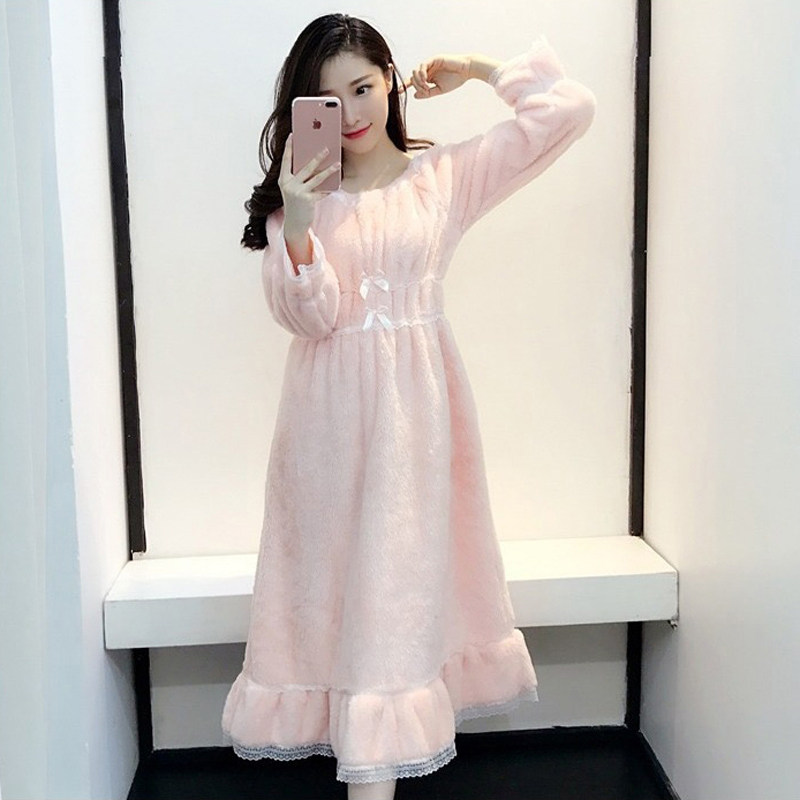 睡裙女冬甜美公主韩版收腰法兰绒秋冬季珊瑚绒睡衣长款加厚家居服