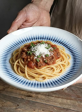 复古蓝色环纹艺术浮雕竖纹餐盘美式陶瓷大号西餐盘意面甜品盘菜盘
