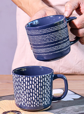 浮雕蓝色马克杯情侣陶瓷水杯复古咖啡杯牛奶杯子家用喝水杯微瑕