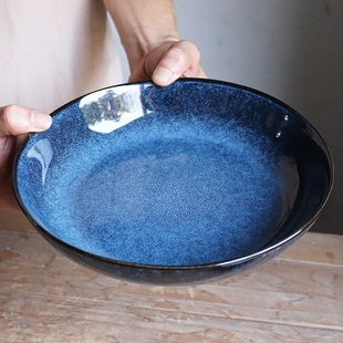 【超美窑变蓝色深盘】家用陶瓷高颜值大菜盘好看的水果沙拉碗汤盆