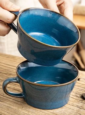 特别款式蓝色海洋宽口燕麦杯牛奶杯喝水大杯子麦片杯大口径杯微瑕