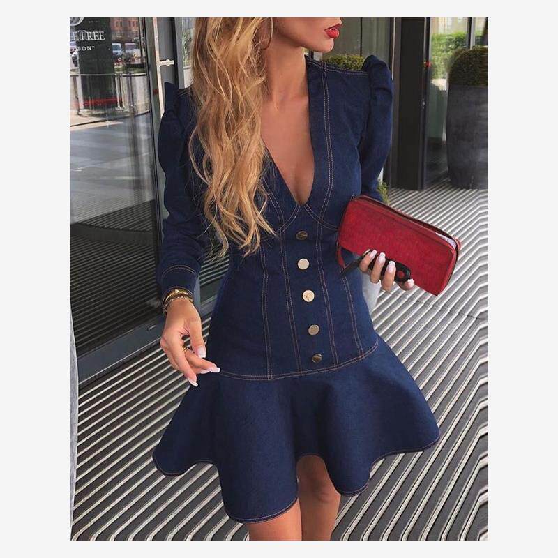 Plunge Puff Sleeve Ruffles Denim Dress深V泡泡袖荷叶边连衣裙