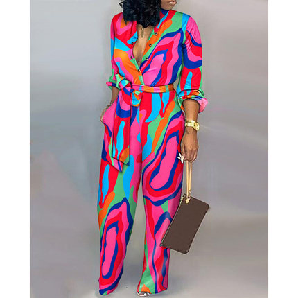 Abstract Print Button Front Belted Jumpsuit彩色印花连体裤女