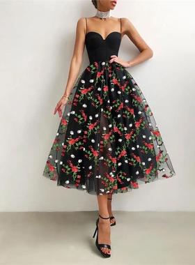 Floral Embroidery Sheer Mesh Prom Dress吊带网纱绣花小黑裙夏