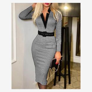 Long Sleeve Houndstooth Print Work Dress印花连衣裙女