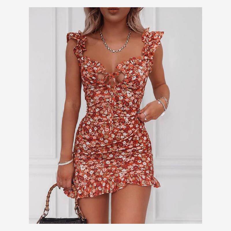 Floral Ruffle Trim Mini Dress印花木耳边拼接系带连衣裙女