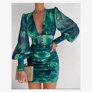 Sleeve Plunge Lantern Puff Dress性感花卉印花连衣裙 Ruched
