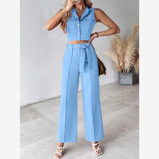 Flip Collar Tank 休闲时尚 Trouser 套装 Top Set 翻领背心直筒裤
