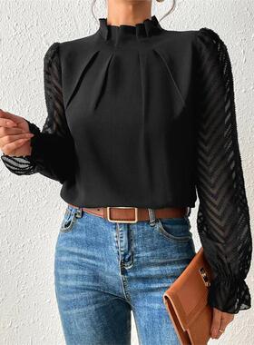 Mock Neck Black Long Sleeve Blouse法式褶边领荷叶边袖黑色衬衫