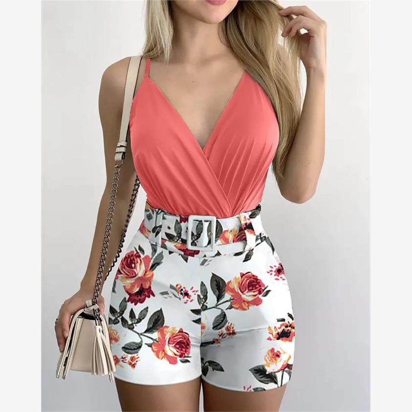 Women Two Piece Sets 性感V领吊带背心和植物印花短裤套装带腰带