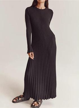 毛衣裙坑条纯色长袖圆领紧身裙Solid O-Neck Tight Fitting Dress