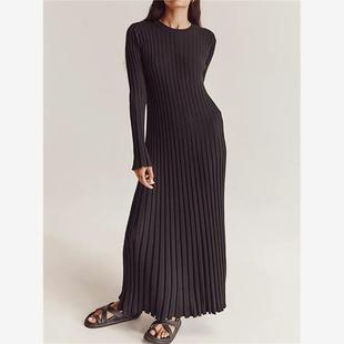 毛衣裙坑条纯色长袖圆领紧身裙Solid O-Neck Tight Fitting Dress