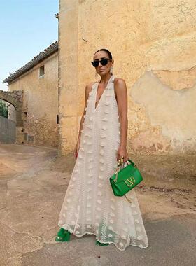 Women Holiday Summer Long Dress度假风挂脖V领大摆飘带连衣裙