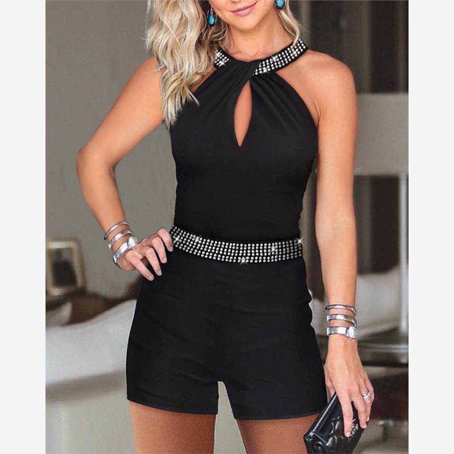 烫钻挂脖圆领连体裤 Rhinestone Decor Halter Sleeveless Romper