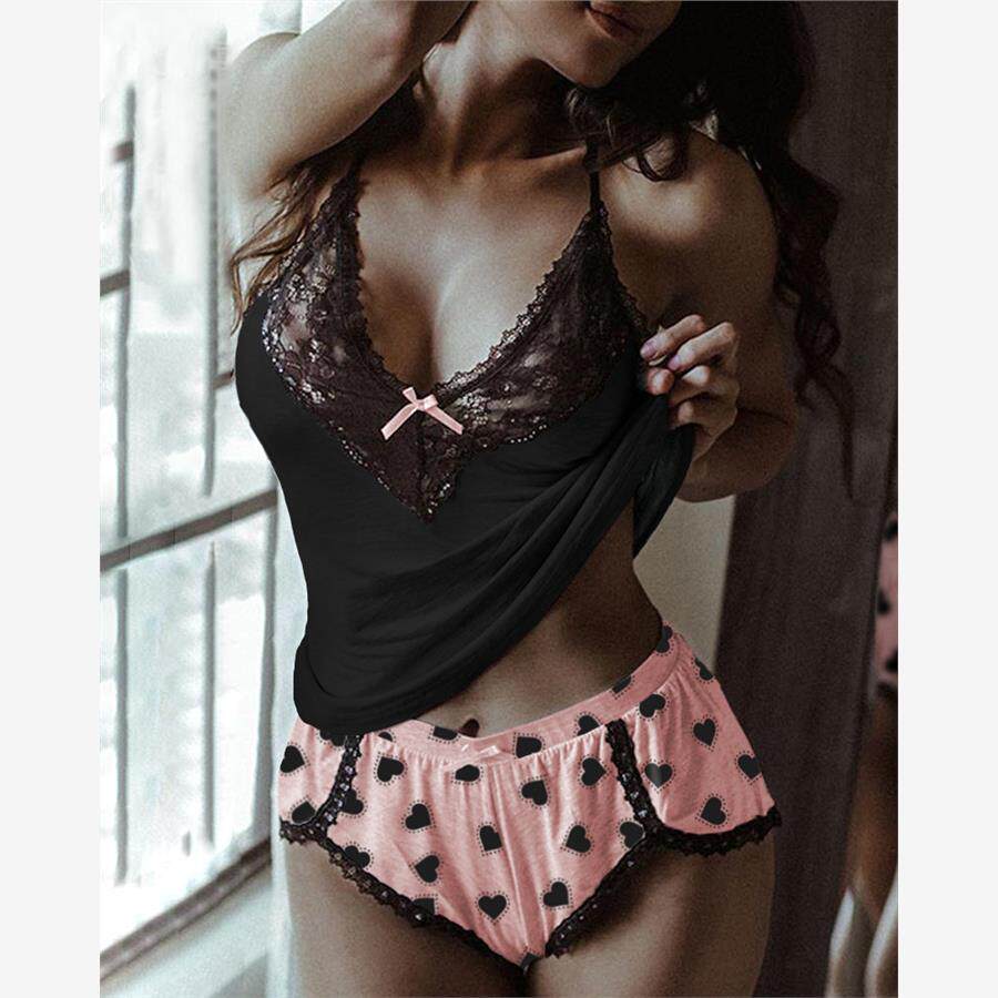 撞色性感两件套女Heart Print Colorblock Lace Cami Set