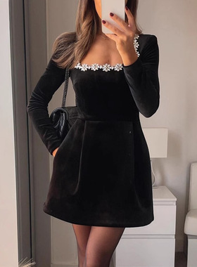 优雅方领镶钻短款丝绒连衣裙 Square Diamond Set Velvet Dress