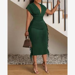 Ruched Neck Design Dress流苏拼接连衣裙 Tassel Sleeveless