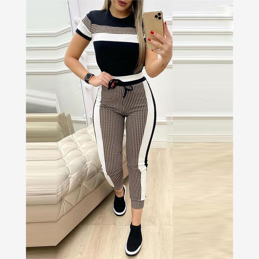 Colorblock Plaid Top Drawstring Pants Set格纹拼接套装女