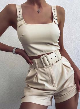 Eyelet Buckled Crop Tank Top & Shorts Set可调节肩带无袖套装