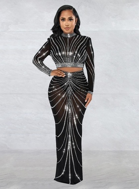 Mesh See Though Diamonds Sexy Party Two 2 Piece Set Outfits