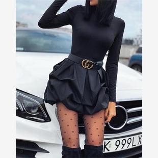 Neck High Ruched Party 花苞连衣裙 Long Dress黑色长袖 Sleeve