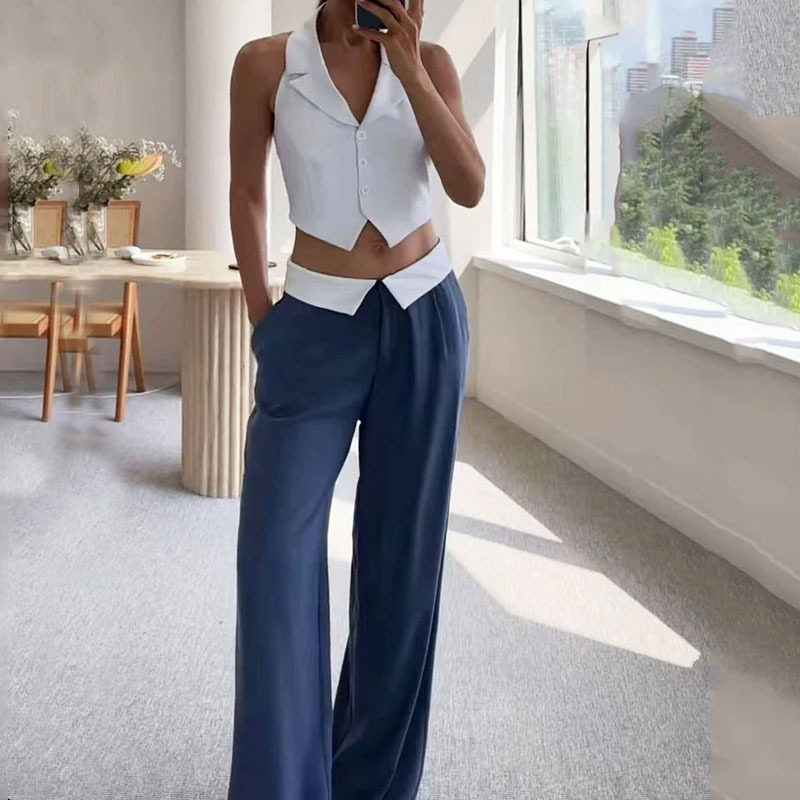 Women Casual Two Piece Sets休闲翻领无袖宽松纯色长裤两件套