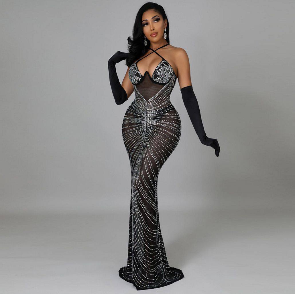 Mesh Hot Diamond Party Dress欧美性感涤网透视烫钻吊带礼服长裙